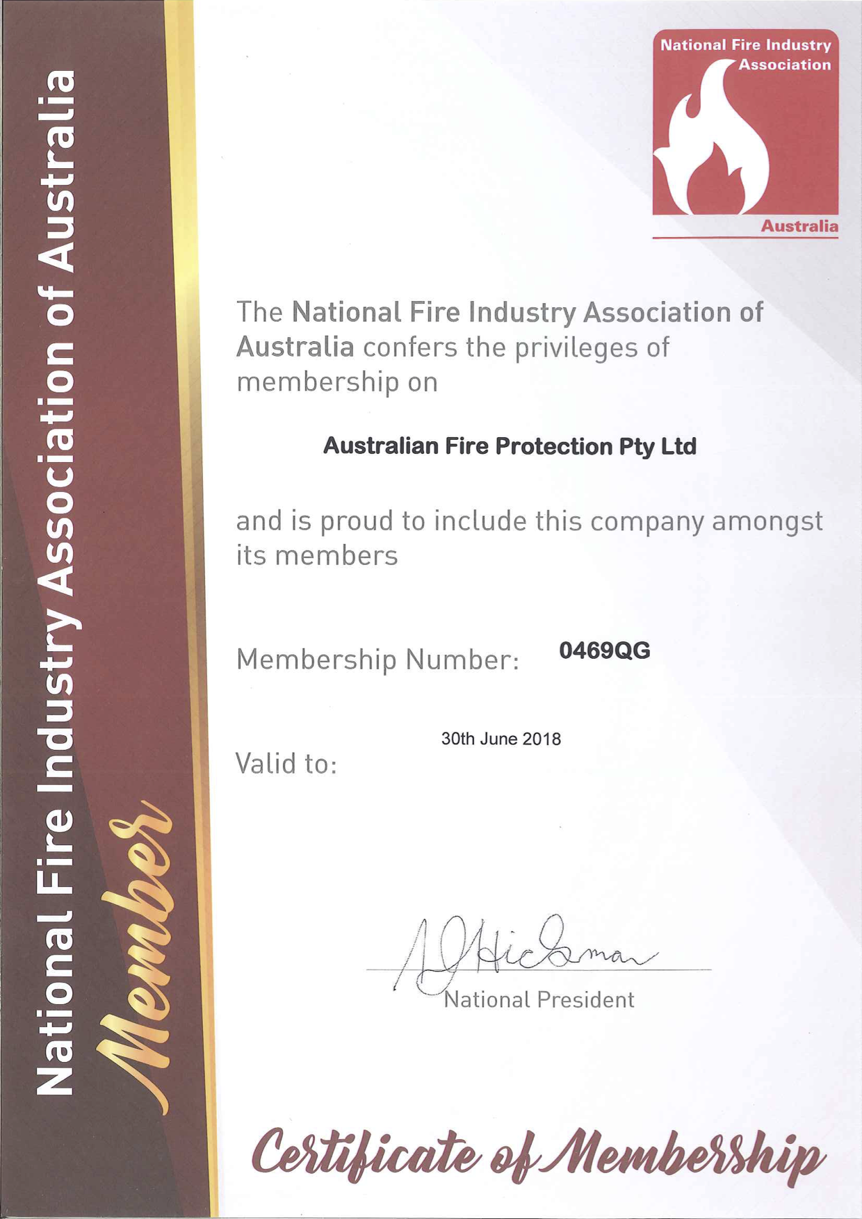 National Fire Industry Association Certificate