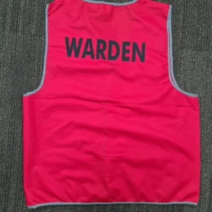 Red reflective safety vest for a Fire Warden, showing the back printed with "WARDEN" in black text.